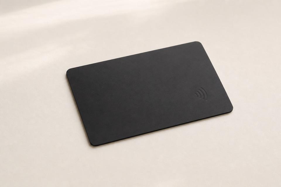 A blank black NFC card on a light surface, representing a tap-to-join Discord invite.