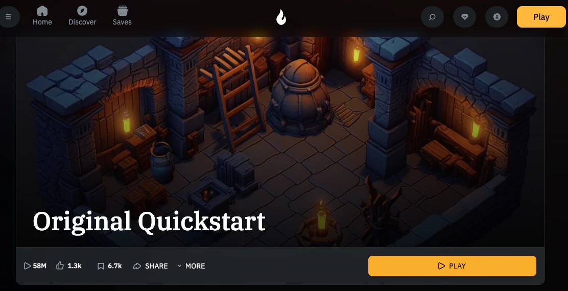 AI Dungeon's Original Quickstart page, showing an illustrated dungeon room and a Play button