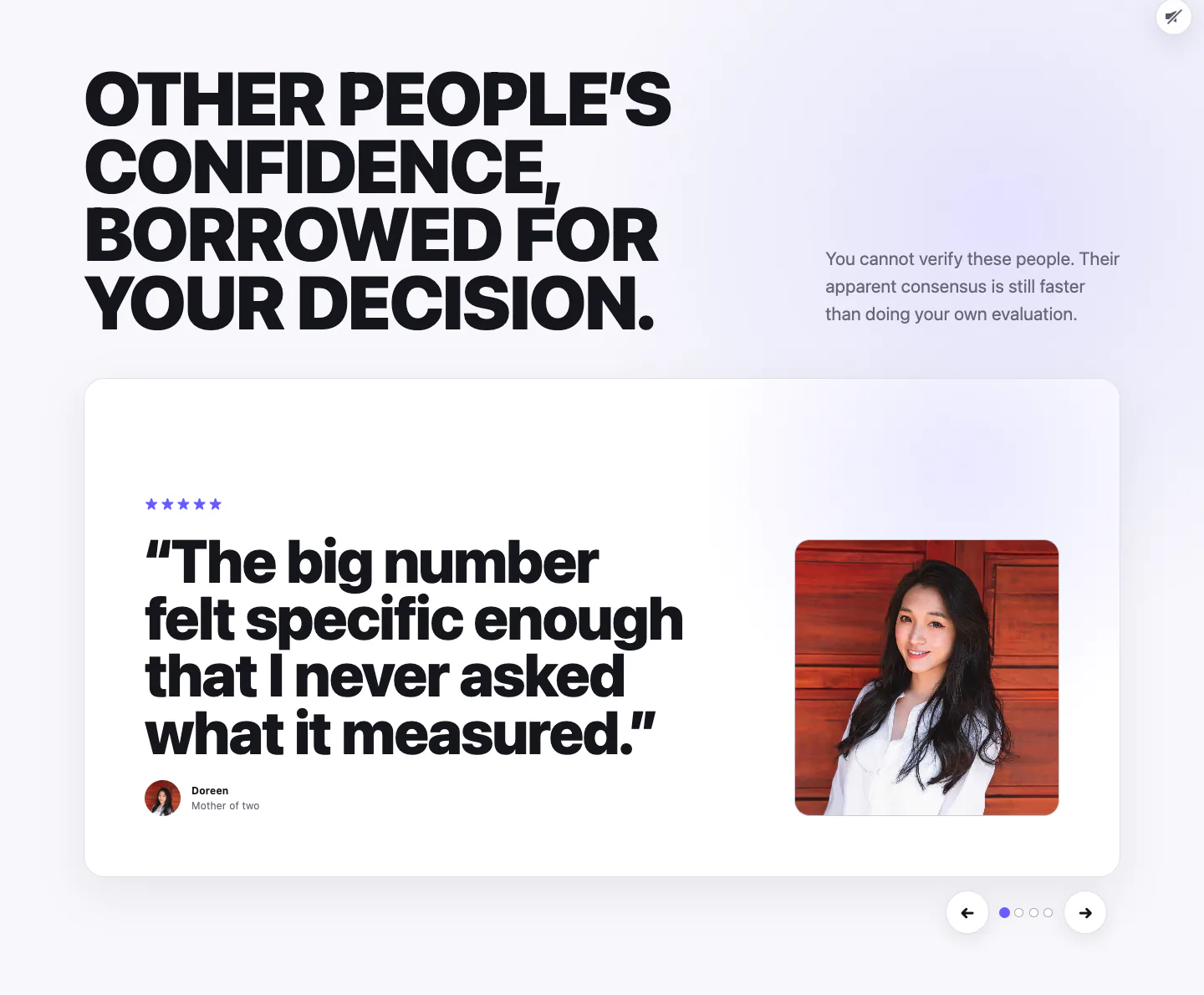 A testimonial carousel under a headline about borrowing other people's confidence