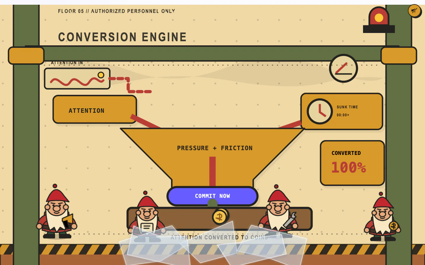The final gnome factory floor with a conversion funnel and Commit Now button