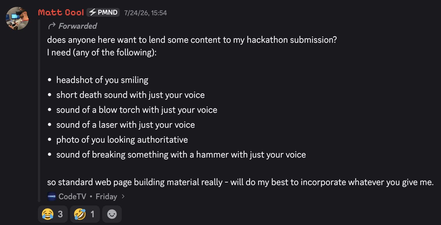 An unhinged request for headshots and sound effects.