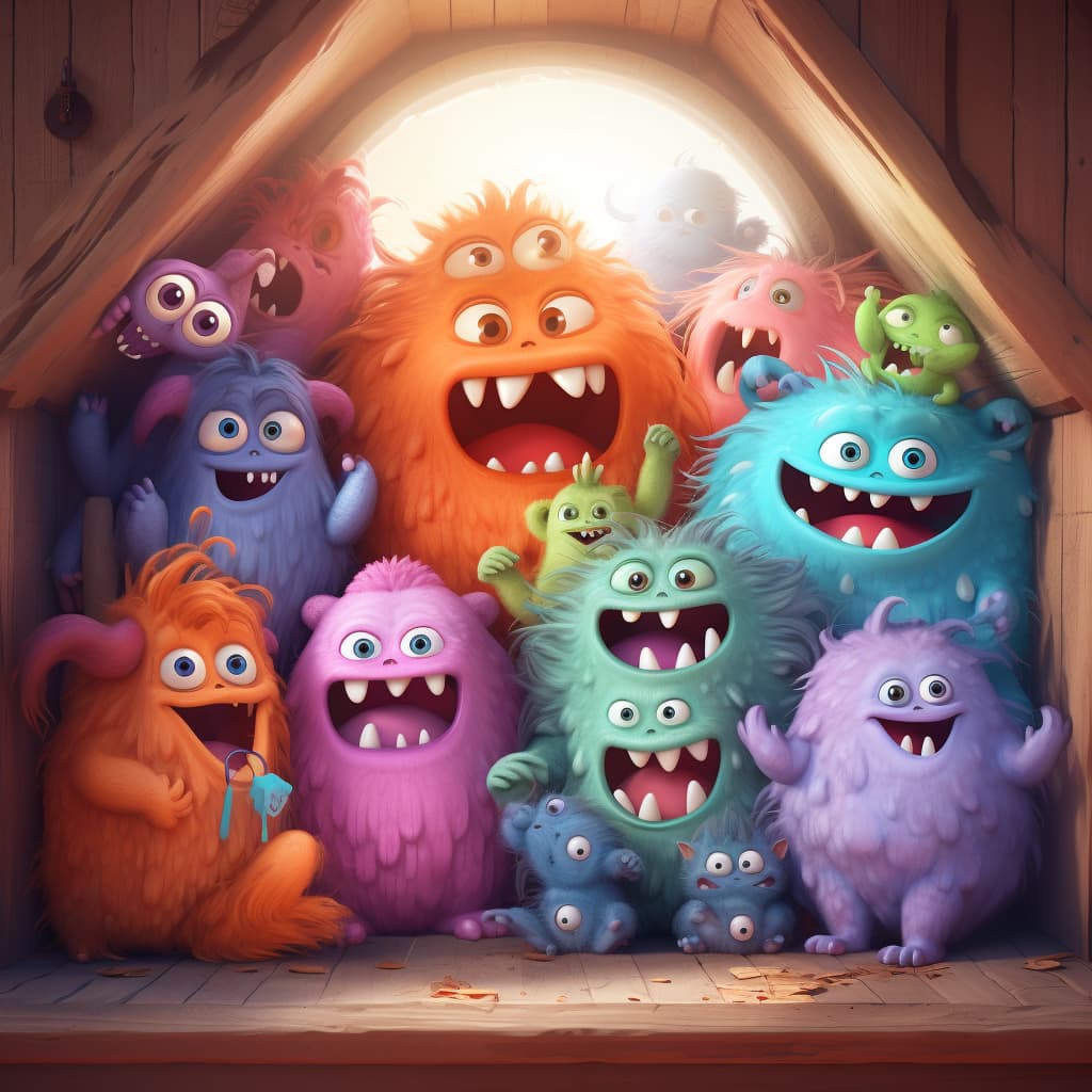 a clubhouse for all the contribors. fuzzy monsters of different colors and shapes