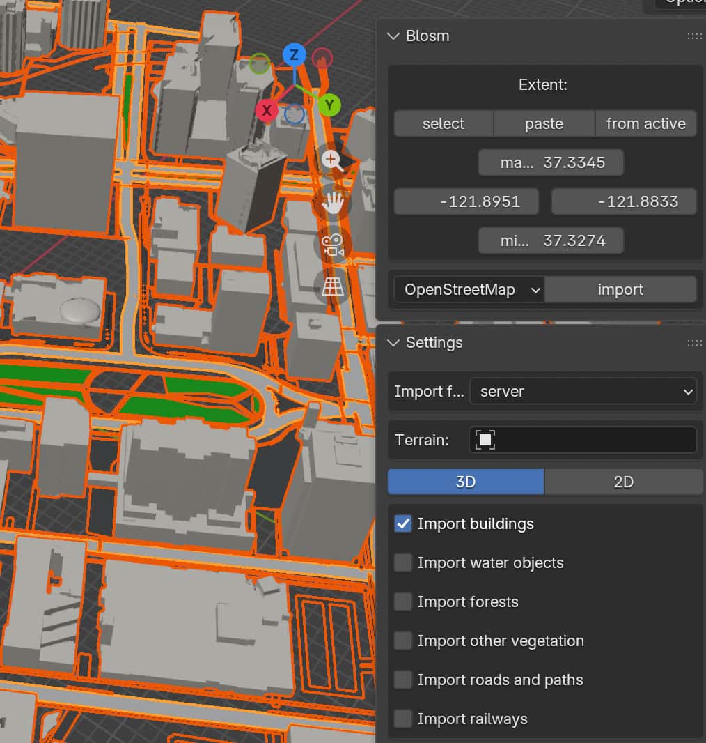 3D city massing model built in Blender using blosm