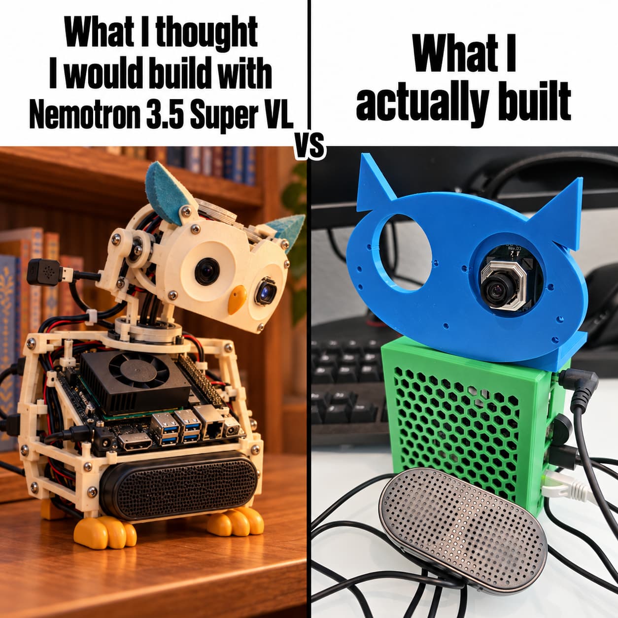 Hoot expectations versus reality: an elaborate owl robot beside the blue owl face, green case, camera, and speaker of the current prototype.
