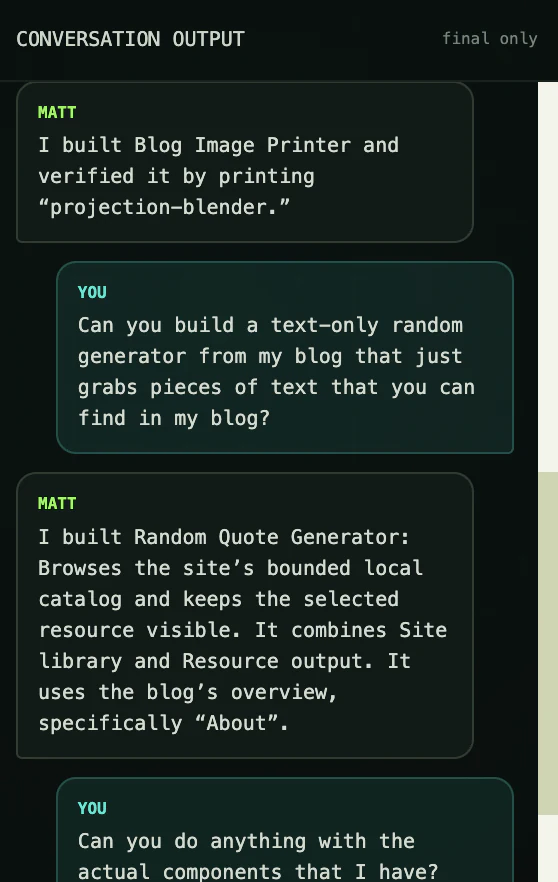 Conversation Output showing final messages exchanged between the user and Matt
