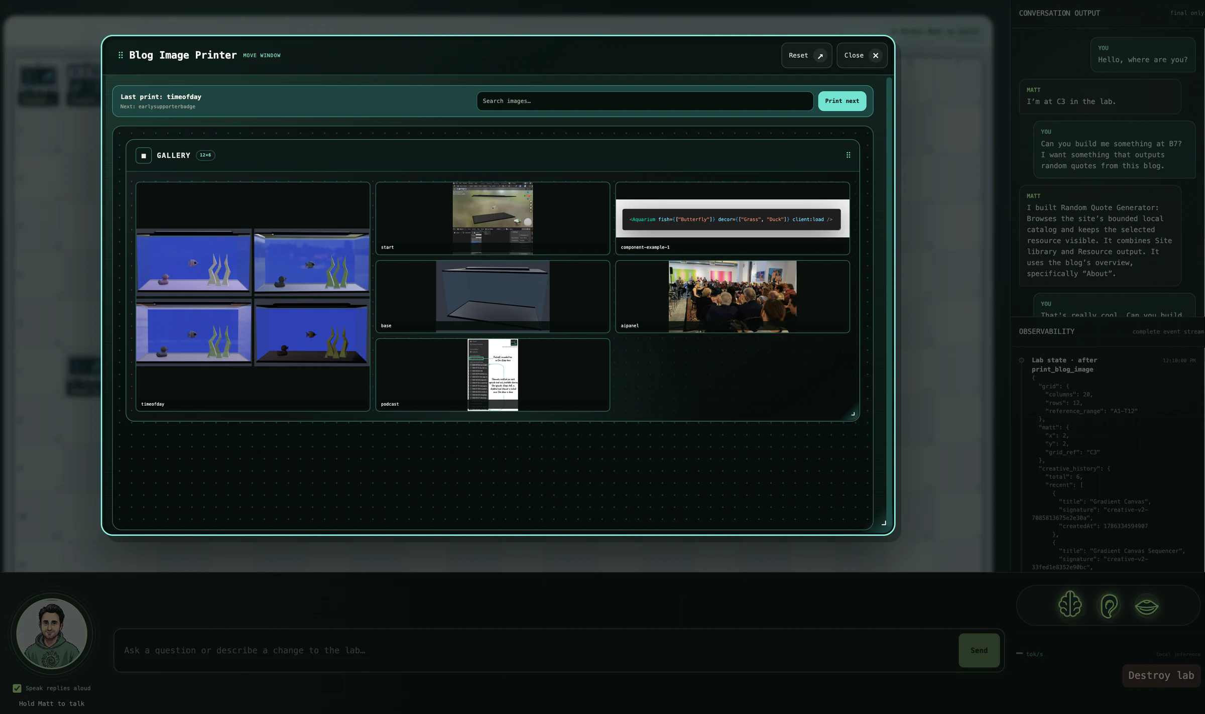 Fullscreen view of Local WebGPU Agent Lab with Transformers.js, showing a Blog Image Printer station in the center, conversation and observability on the right, and Matt's controls along the bottom