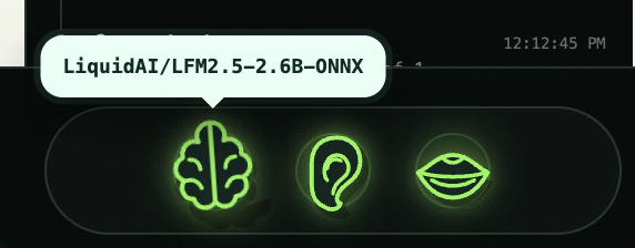 Brain, ear, and mouth model-readiness icons with the loaded agent model named in a tooltip