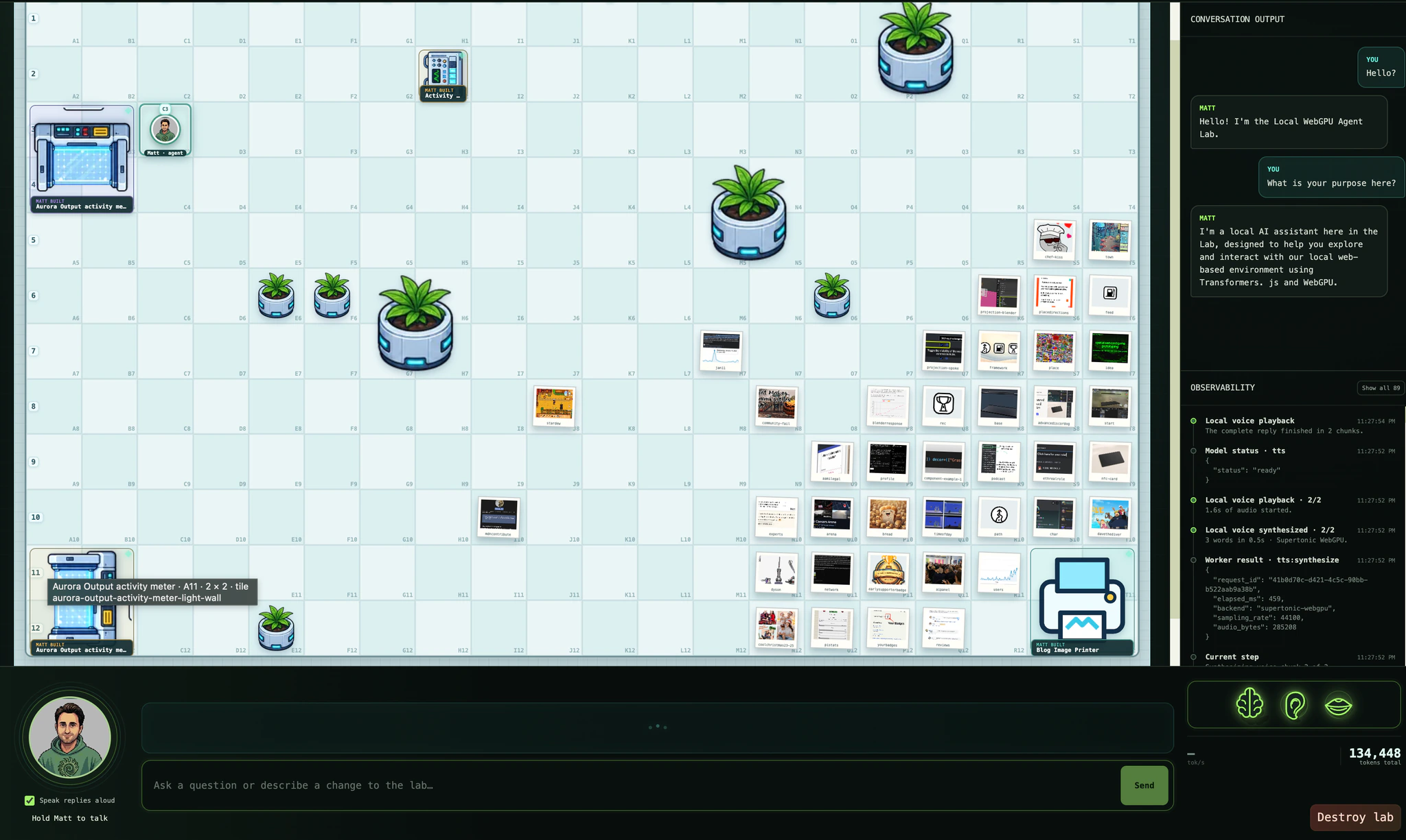 Fullscreen Local WebGPU Agent Lab showing Matt and agent-built stations, plants, printed blog images, the conversation output, observability stream, token total, and controls