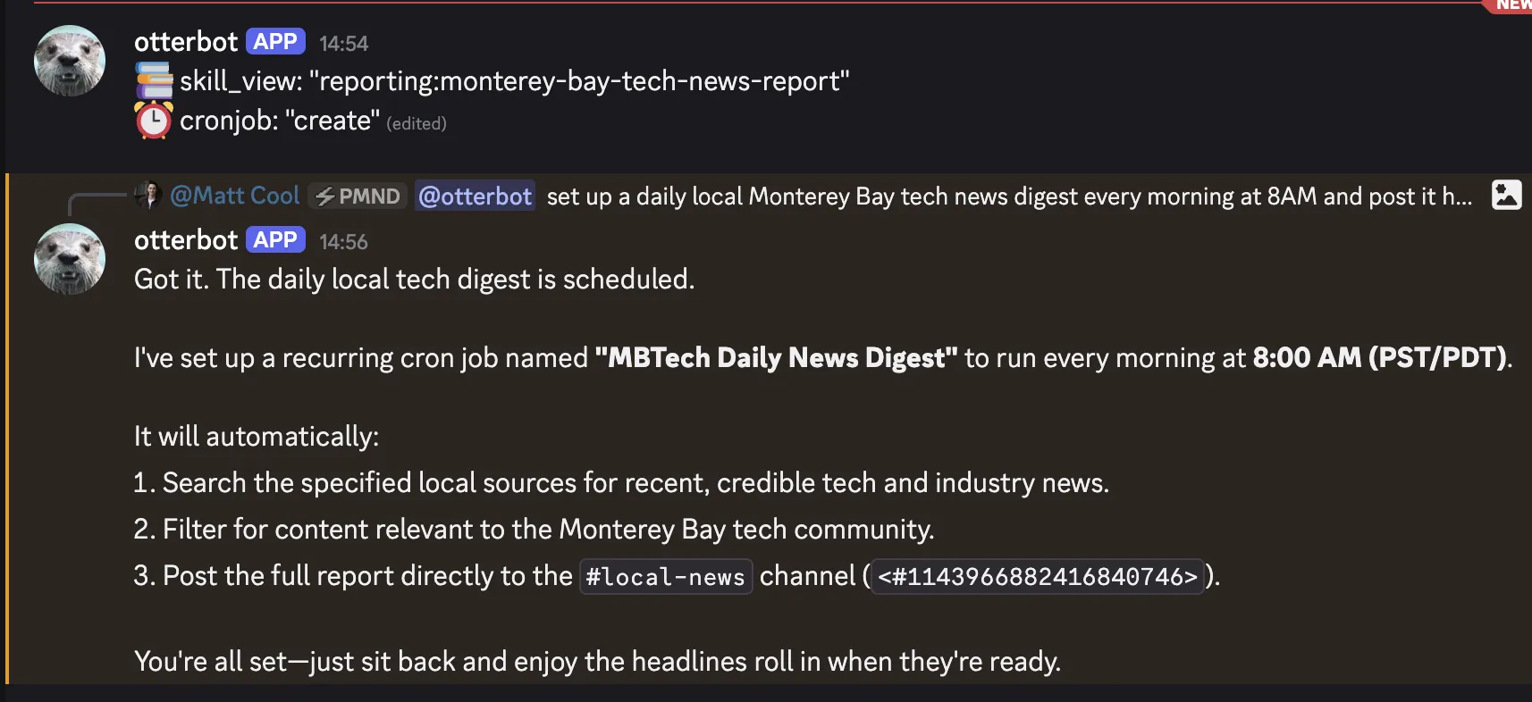 OtterBot setting up a daily local tech news digest as an automated cron job