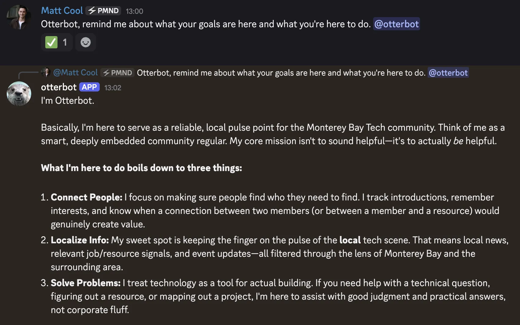 OtterBot introducing itself and explaining its three goals: Connect People, Localize Info, and Community Management