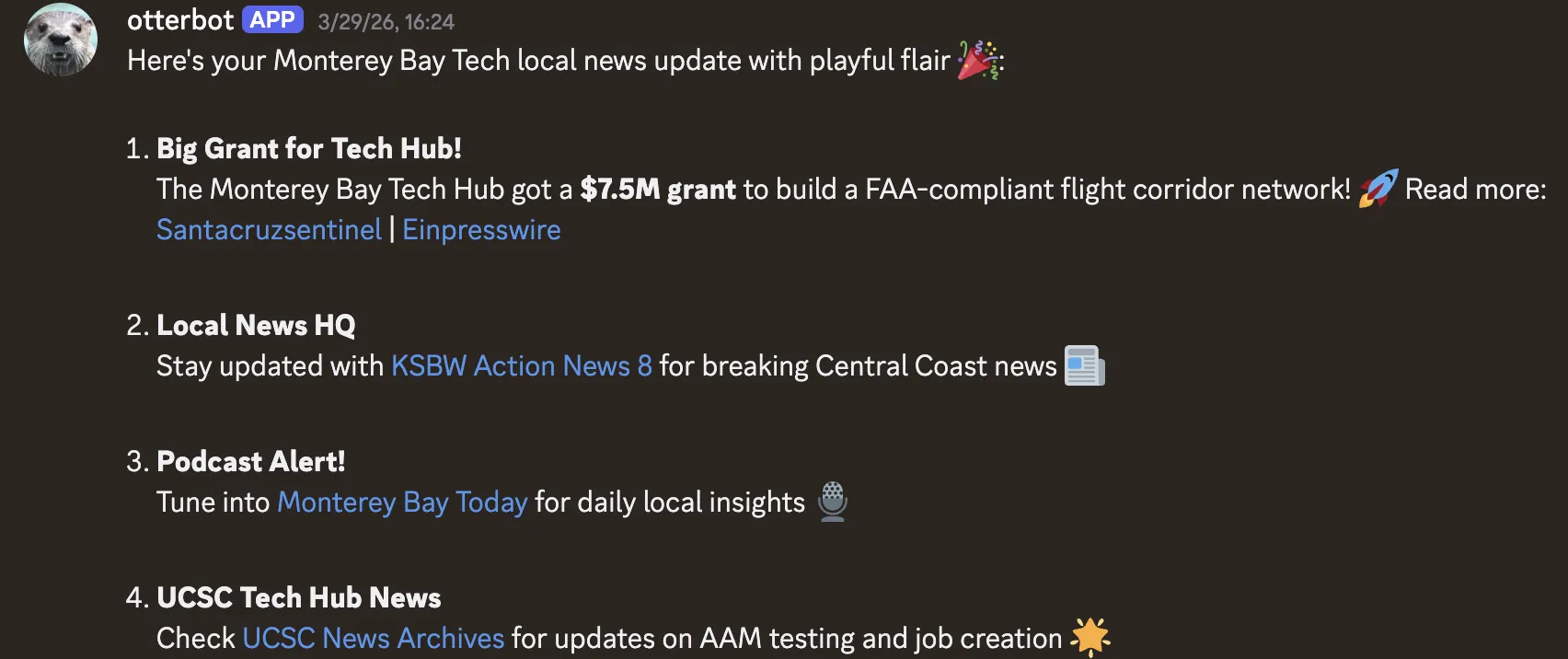 OtterBot posting a local news update with tech hub grants, local news, podcasts, and UCSC updates