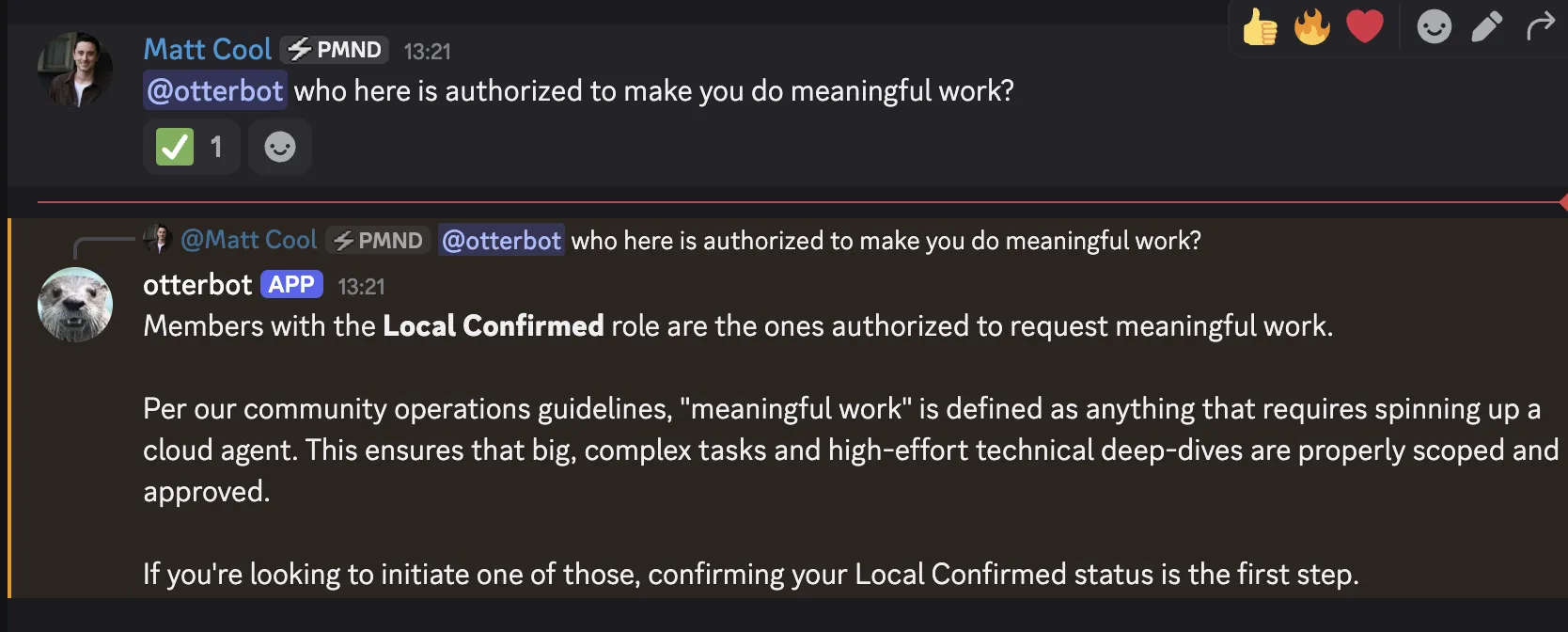 OtterBot explaining that meaningful work requests require the Local Confirmed role