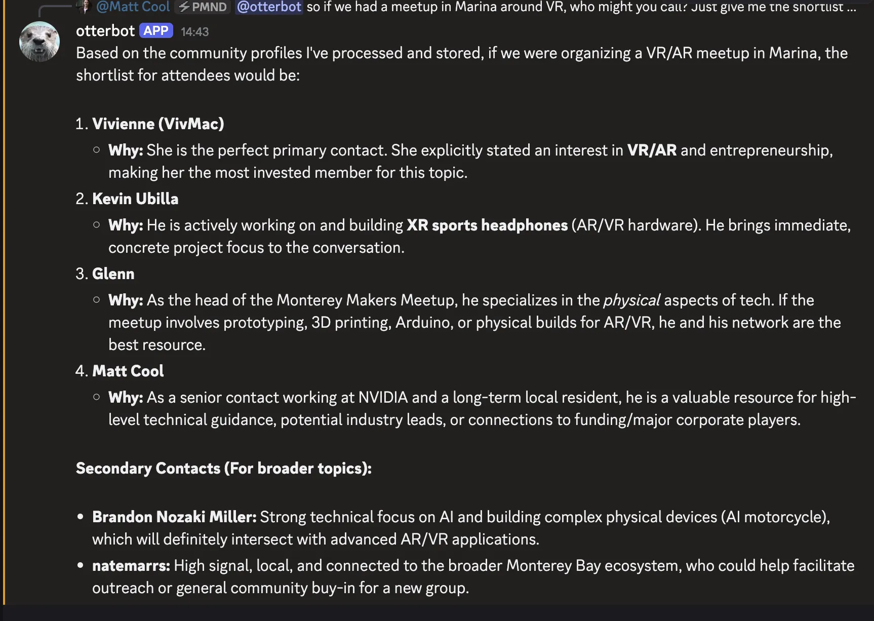 OtterBot suggesting community members who might be interested in a VR and AR meetup