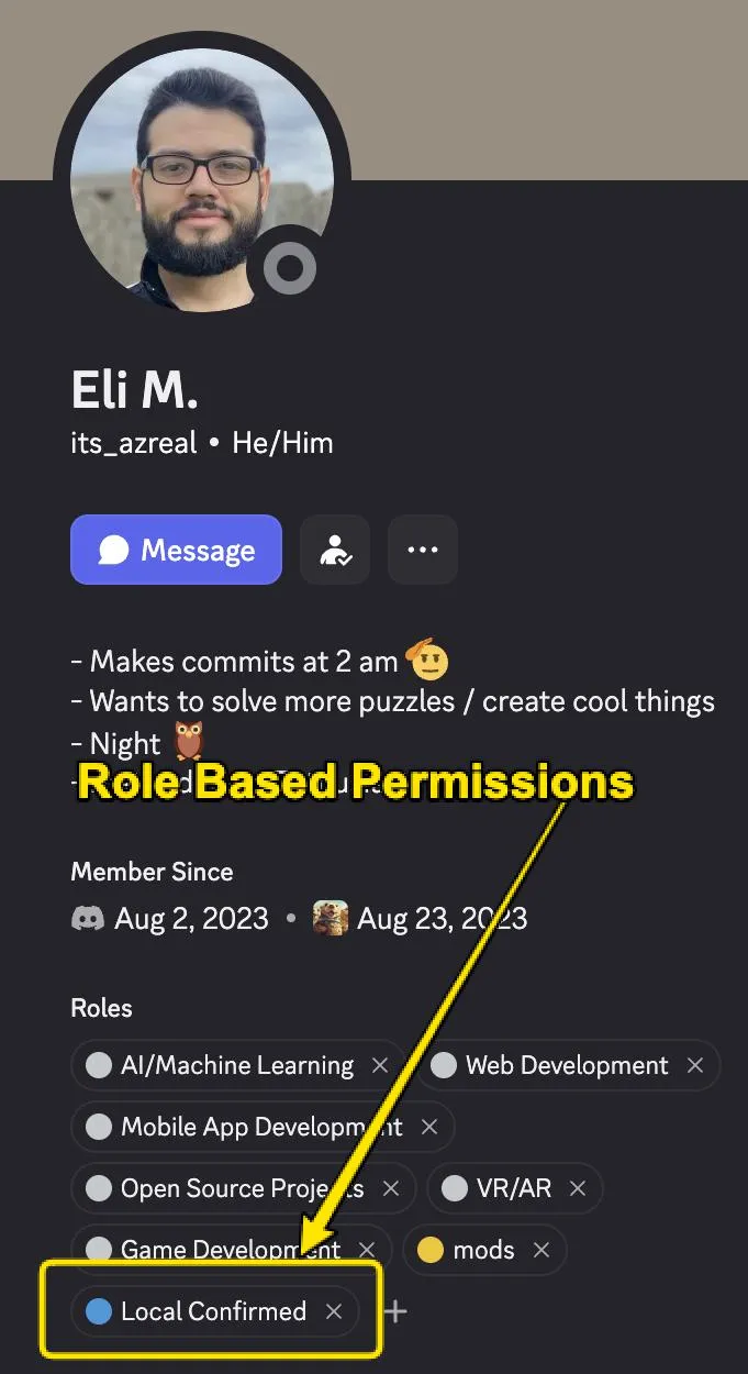 A Discord user profile showing the Local Confirmed role