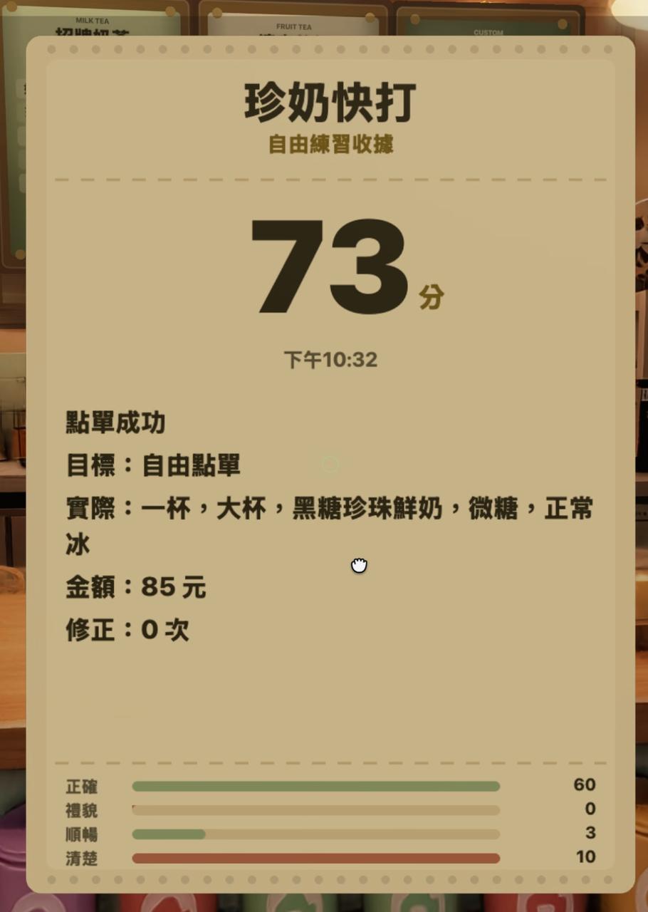 Scorecard showing the final boba order results and points